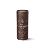 Pure Ceremonial cacao packaging with a rich brown design, featuring celestial gold details and spiritual hand illustrations.