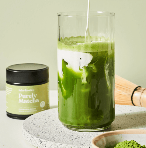 Refreshing iced drink made with Purely Matcha from Kyushu Island, Japan, showcasing its vibrant green color.