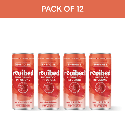 Pack of 12 Revibed Hibiscus & Peach Superfood Infusion cans with tart hibiscus and sun-ripened peaches flavor.
