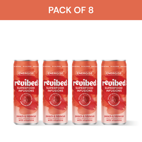 Pack of 8 Revibed Hibiscus & Peach Superfood Infusion cans with a blend of fruity and floral flavors.