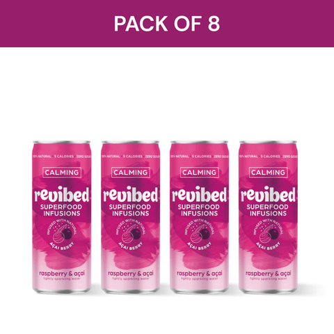 Pack of 8 Revibed Raspberry & Acai Superfood Infusion cans, sparkling and calming drink with raspberry and açaí flavors.