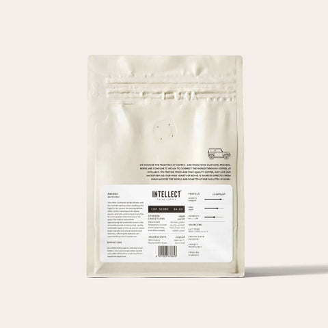 Rwanda Karisimbi Single Origin Specialty Coffee packaging from Intellect Coffee, featuring ingredient and brewing details.