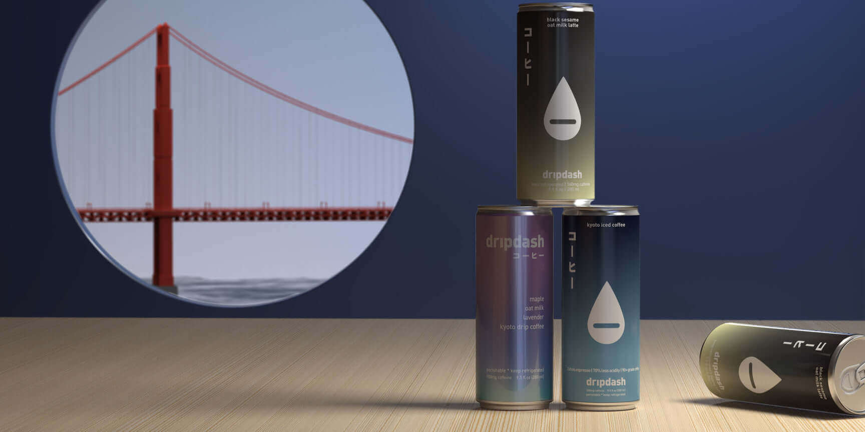 Three colorful drink cans stacked on a wooden surface with the Golden Gate Bridge in the background.
