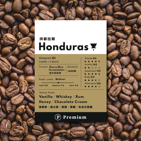 Premium Honduras G1 drip bag coffee with tasting notes of vanilla, whiskey, honey, and chocolate cream on coffee bean background.