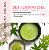 Spring Zen Matcha in a black bowl surrounded by green leaves, promoting a healthier lifestyle and dietary options.