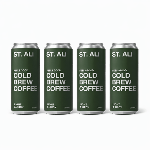 Four cans of ST. ALi's Feels Good Cold Brew Coffee, offering a light and juicy refreshment.