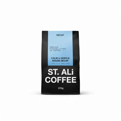 Decaf House Decaf coffee bag from ST. Ali with a calm and gentle design, highlighting its decaffeinated features.
