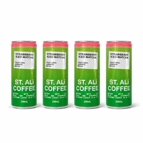 Four cans of Strawberry Iced Matcha Latte by ST. ALi, featuring traditional Japanese matcha and strawberry flavor.