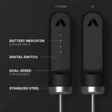 Sunminimal NanoFoamer V2 showing dual-speed switch, battery indicator, and stainless steel design details for latte art microfoam.
