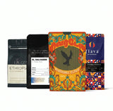 Collection of coffee packages with various designs and text on a white background
