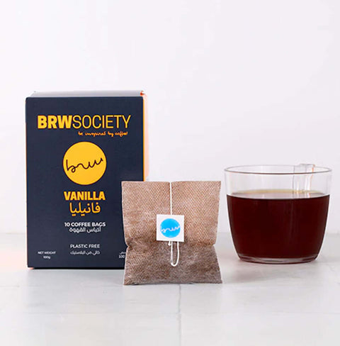 BRW Society's convenient coffee bags with 100% ground Arabica, blended with vanilla and roasted almond notes for a sweet flavor.