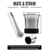 Yerba Mate Kit To Go stainless steel mate cup and straw with thermos cap, non-slip silicone base, travel mate set